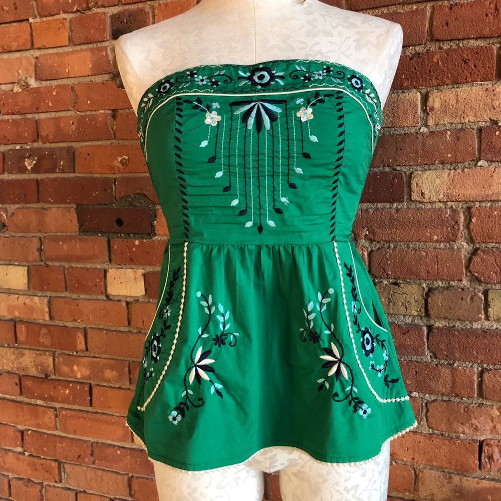 Anthropologie Strapless Embroidered Peplum Top